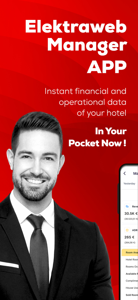 A hotel manager in a suit next to the Elektra Manager mobile app interface showing financial and operational data.