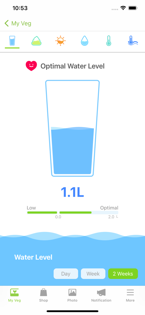 aspara app interface showing a real-time water level monitor for indoor hydroponic gardening.