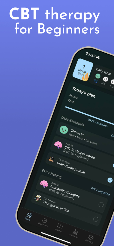 CBT for Beginners - CBT for Beginners app home screen showing a structured daily mental health plan and therapy exercises
