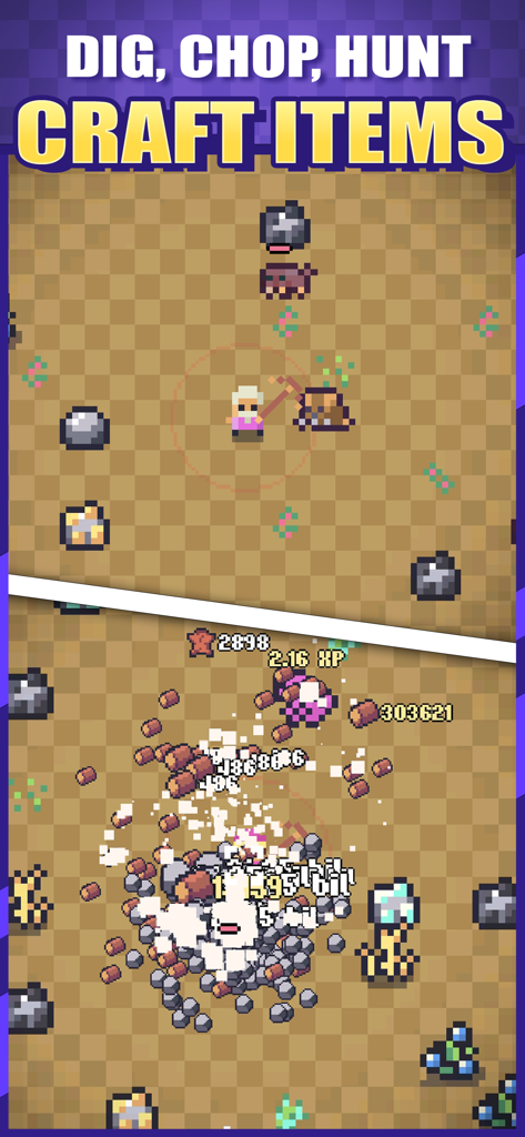 Idle Pocket Crafter 2 - Pixel art gameplay of Idle Pocket Crafter 2 showing a character mining resources and gathering items