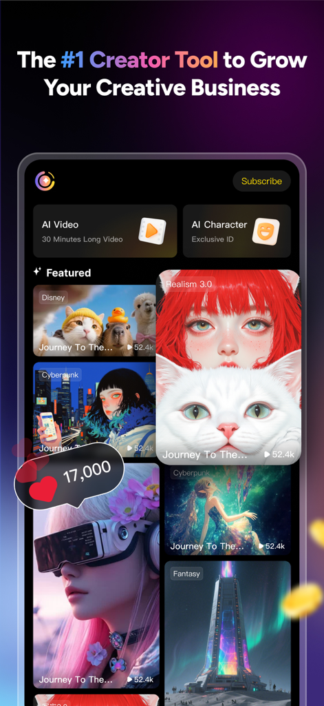 Interface of MagicLight AI Video generator app showcasing creation tools and a gallery of artistic video styles.