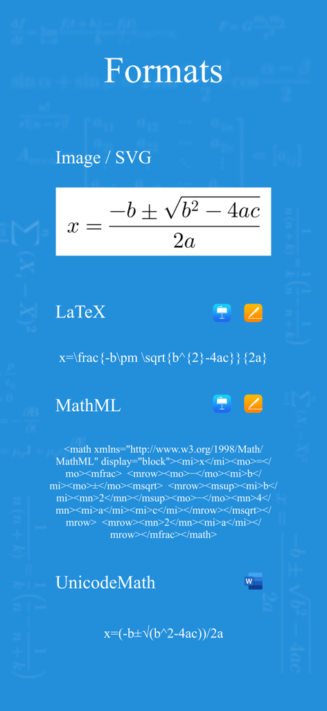 xFormula - Equation Editor - A screenshot showing different export formats for the xFormula app including Image LaTeX MathML and UnicodeMath