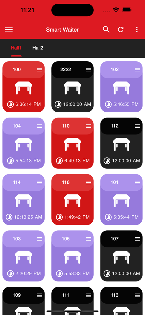 Table management screen in Phenix Smart Waiter showing table numbers and status