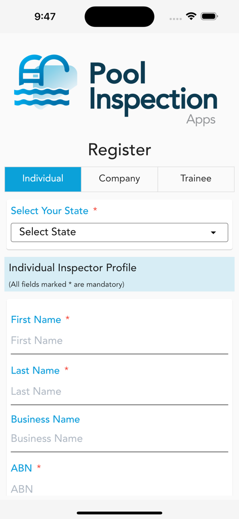 Pantalla de registro para la aplicación Pool Inspection Apps que muestra un formulario para perfiles de inspectores individuales que incluyen nombre y detalles del negocio.