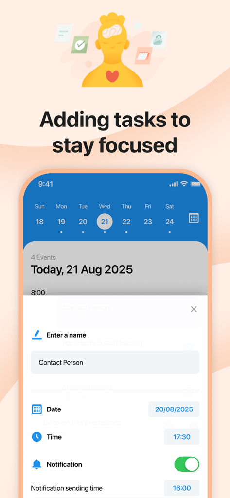 Calendar,Schedule & to do list - Pantalla de la aplicación de calendario para agregar una tarea con opciones de fecha y notificación.