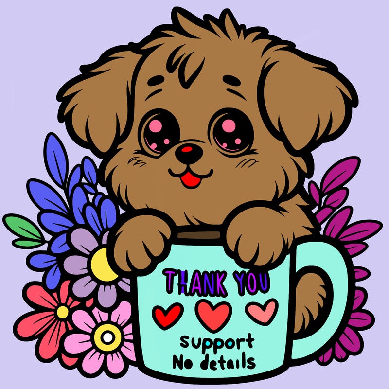 a really cute puppy holding a thank you for support mug with flowers everywhere