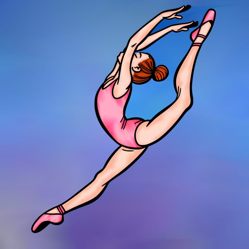 gymnast doing a leap in a leotard with a bent back leg