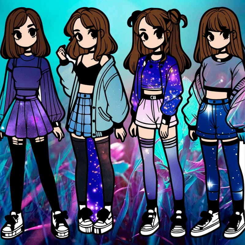 one girl with crop-top shirt and a jacket with a skirt, long socks and another girl with a shirt and pants with a jacket