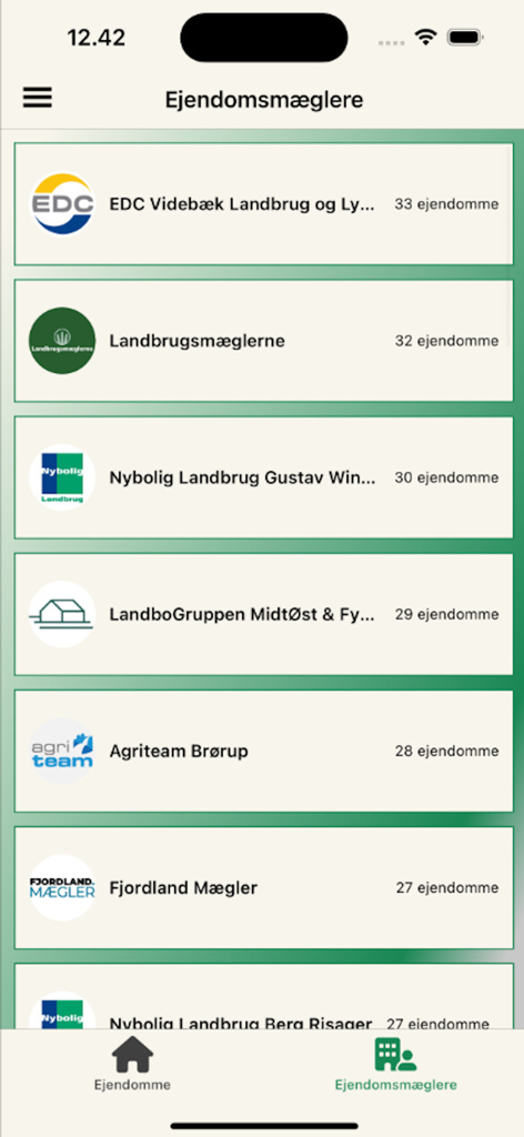 Landbrugsmarkedet - Lista de intermediarios inmobiliarios agrícolas y recuento de propiedades en la aplicación Landbrugsmarkedet