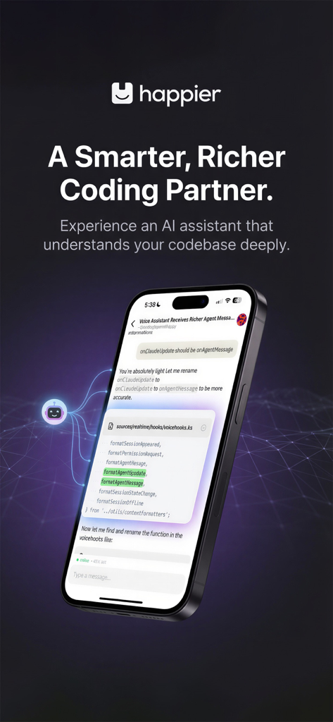 Happier: Claude Codex OpenCode - Smartphone screen showing the Happier app with an AI assistant performing code refactoring and function renaming.