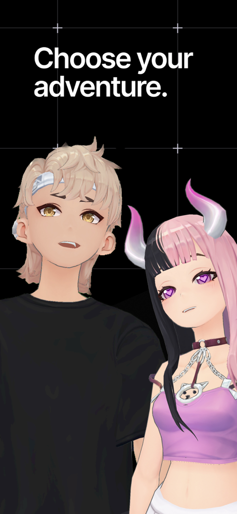 Hyper: VTuber Studio - Dos avatares de anime 3D en Hyper VTuber Studio con el texto Elige tu aventura