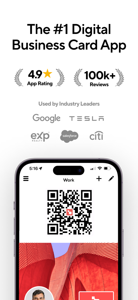 Blinq: Digital Business Card - Interfaccia dell'app Blinq per biglietti da visita digitali che mostra un codice QR e valutazioni elevate degli utenti