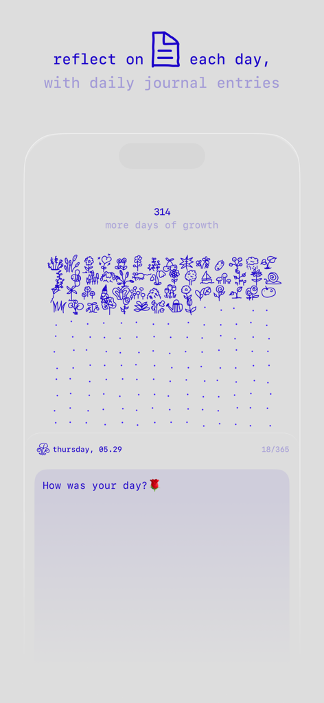 Minimalist daily journal interface with hand drawn plant icons and a simple reflection prompt