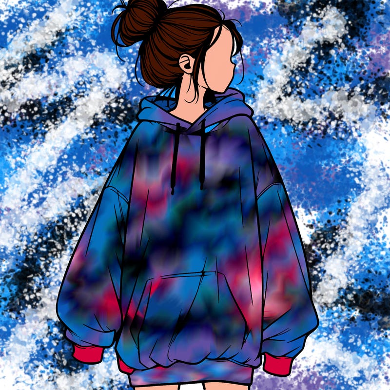 realistic girl with a oversized sweatshirt on and a bun