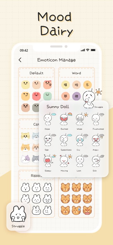Mininote - Cute note and diary - A screen from the Mininote app showing various cute emoticon packs like Sunny Doll and animals for tracking moods