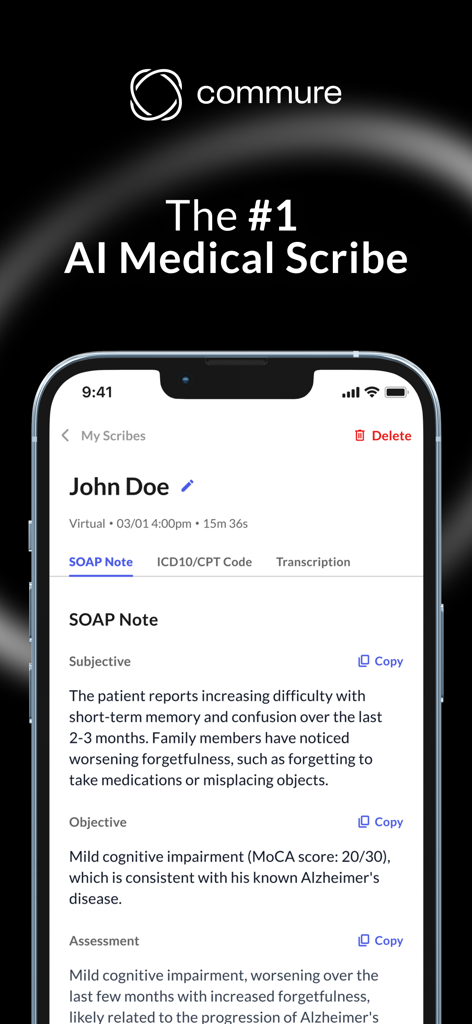 Commure - AI Medical Scribe - Smartphone screen showing the Commure AI Medical Scribe app with a structured SOAP note for a patient.