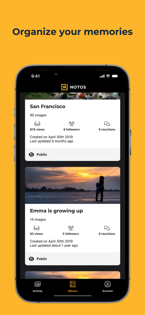 Notos: Photo travel diaries - 여행 및 가족 추억을 위한 정리된 사진 앨범을 보여주는 Notos 앱의 모바일 인터페이스.