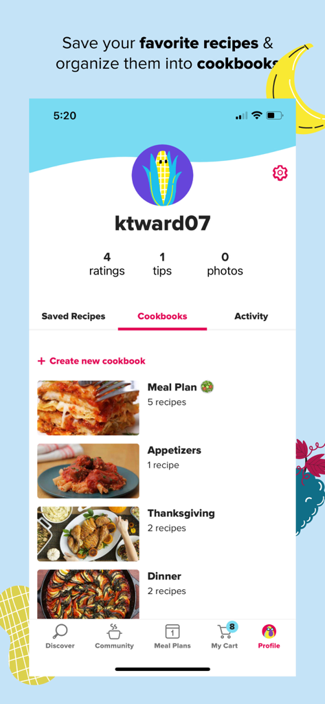 Tasty: Recipes, Cooking Videos - Tastyアプリのユーザープロファイル画面。 Meal PlanやAppetizersなどの整理されたレシピブックが表示されています。