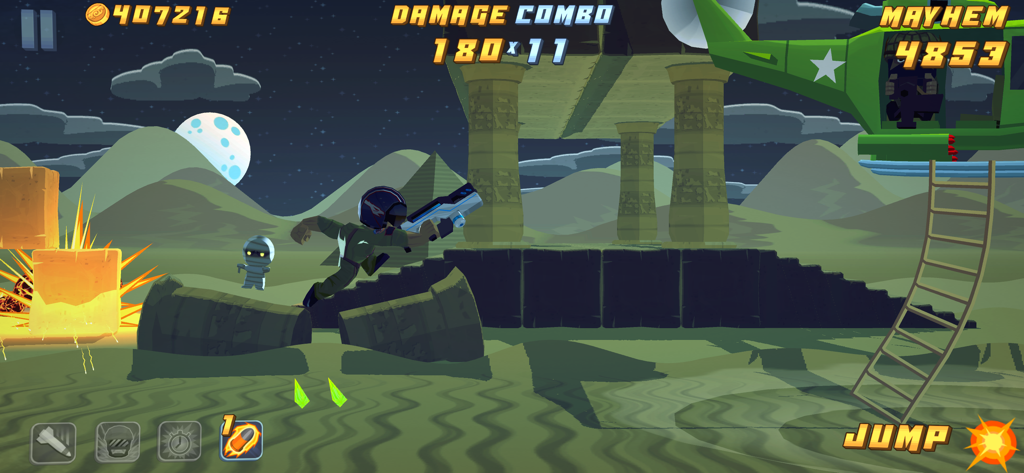 Major Mayhem - Personaje de Major Mayhem saltando mientras dispara en un nivel desértico por la noche