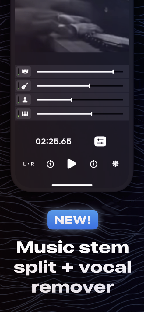 BlueNote – AI Vocal Remover - BlueNote app interface showing AI music stem split and vocal remover features for a piano performance