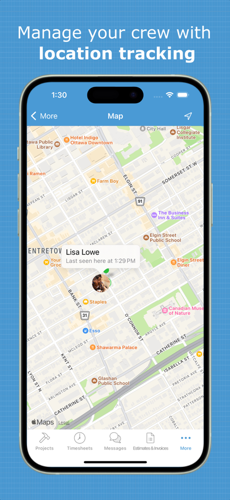 Vista de mapa en la app Probuild que muestra el seguimiento de ubicación en tiempo real de un miembro del equipo.