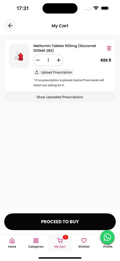 Kasha Care - Kasha Care 앱의 쇼핑 카트 보기, 약품 항목 및 처방전 업로드 버튼이 특징입니다.