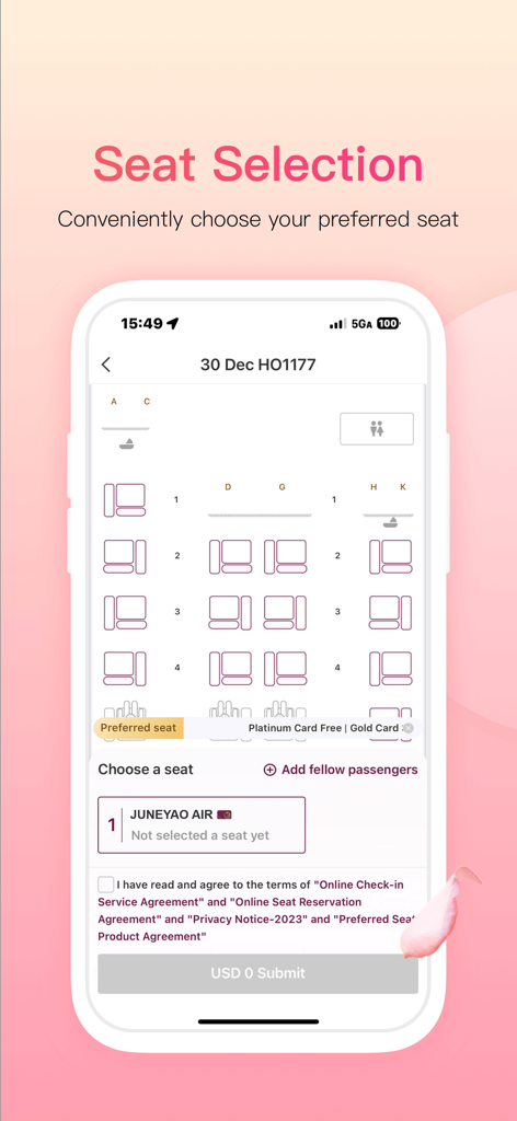 Juneyao Air app seat selection screen with interactive aircraft cabin layout