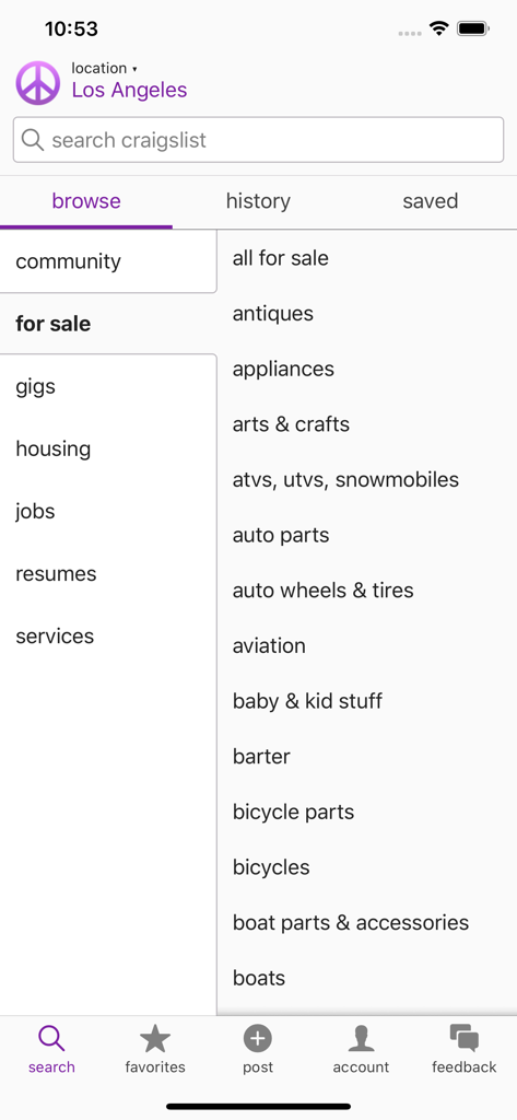 Browse screen of the Craigslist mobile app showing local categories including for sale, housing, and jobs