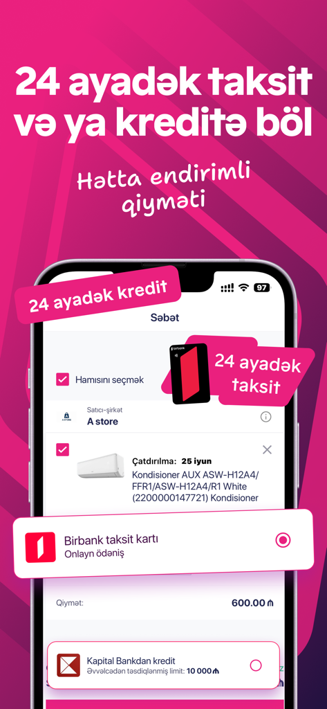 Birmarket: Online Shopping App - Birmarket mobile app showing 24 month installment and credit payment options during checkout for an air conditioner