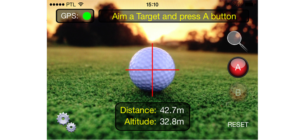 Interface do aplicativo Range-Finder medindo a distância até uma bola de golfe em um green