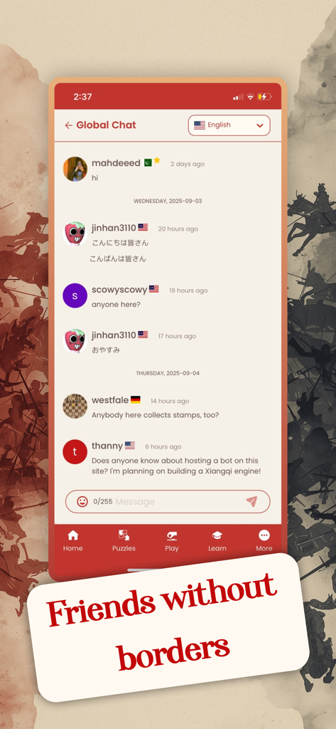 Xiangqi Chinese Chess Online - Interfaz de chat global de la aplicación Xiangqi Ajedrez Chino Online que muestra jugadores internacionales y el texto Amigos sin fronteras.