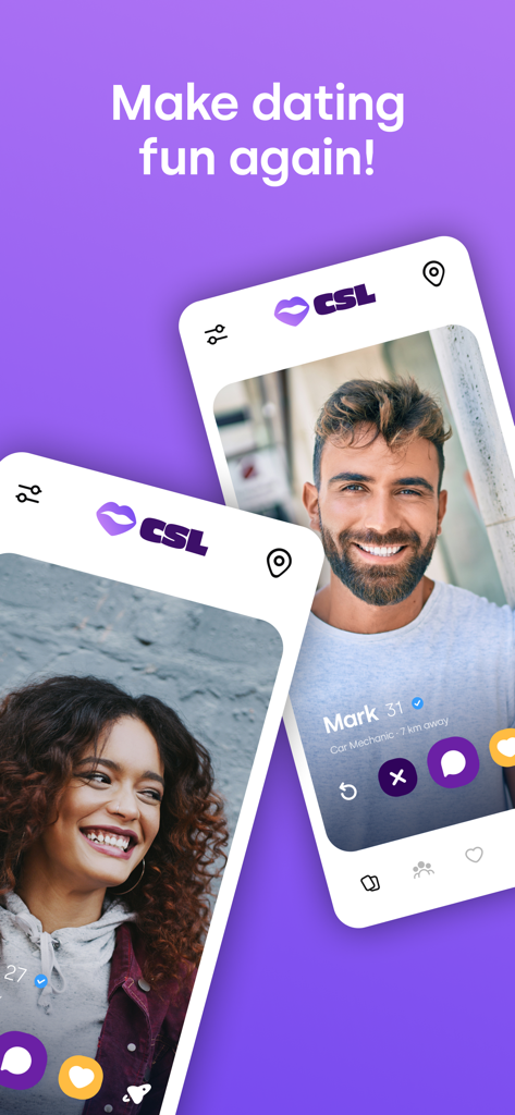 CSL casual dating app interface showing user profiles and the slogan make dating fun again