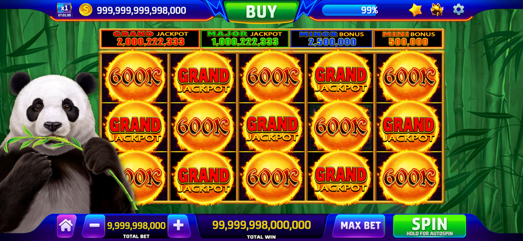 X Slots - Casino Games - A panda themed slot machine screen with golden grand jackpot symbols and virtual coin rewards.