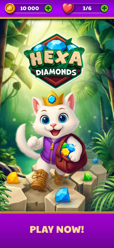 Hexa Diamonds - Gustav the cat character in a magical jungle for Hexa Diamonds puzzle game