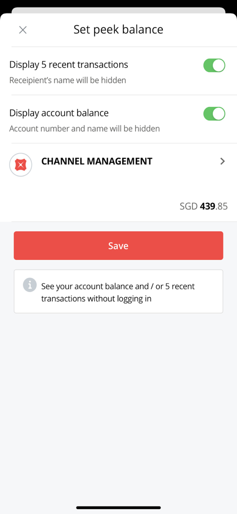 DBS IDEAL Mobile - DBS IDEAL Mobile app interface for setting up peek balance and transaction history view without logging in.