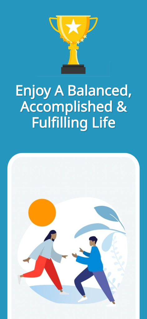 Success Life Coach Day Planner - Une icône de trophée doré surplombe le texte « Profitez d'une vie équilibrée, accomplie et épanouissante » avec une illustration joyeuse