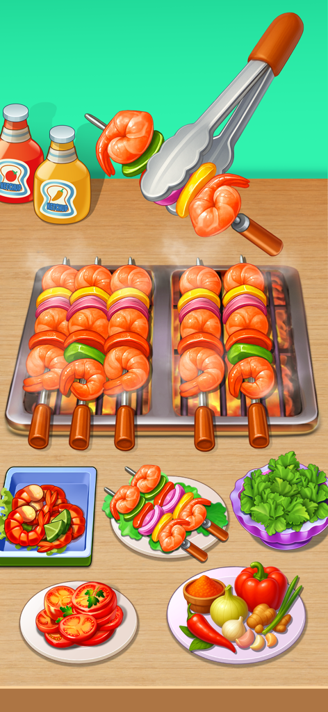 Food Voyage: Fun Cooking Game - 新鮮な食材を使ったFood Voyage料理ゲームでエビの串焼きを焼いている様子