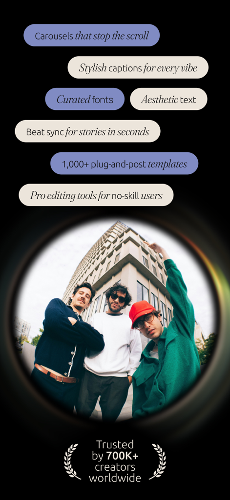 Templify・ Photo & Video Editor - A promotional screen for Templify showing video editing features like stylish captions curated fonts and a trust badge for 700k plus creators.