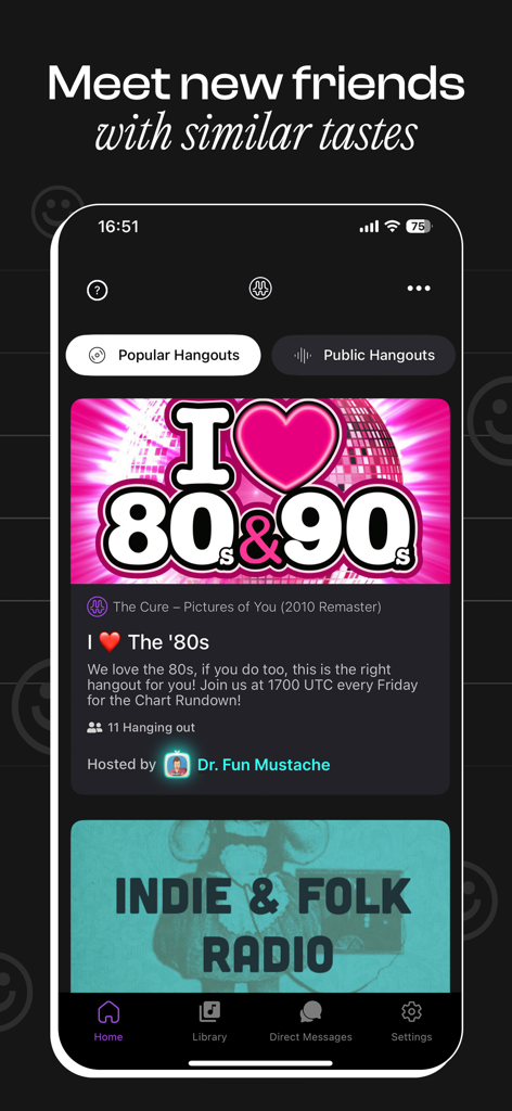 Pantalla de la aplicación móvil que muestra salas populares de hangout musical para música de los 80 y radio de folk indie