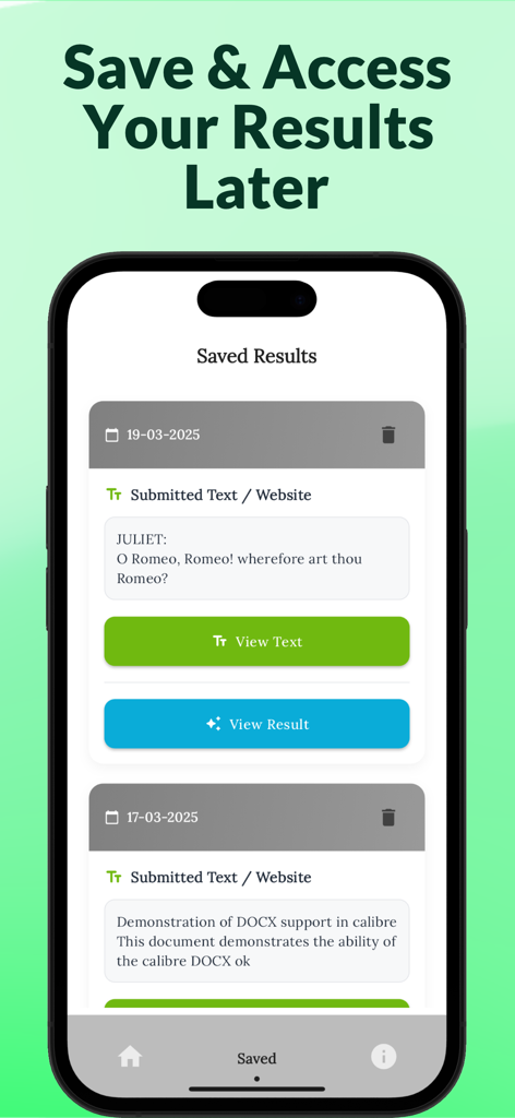 PlagScan : Plagiarism Checker - PlagScan app interface showing saved plagiarism scan results with dates.