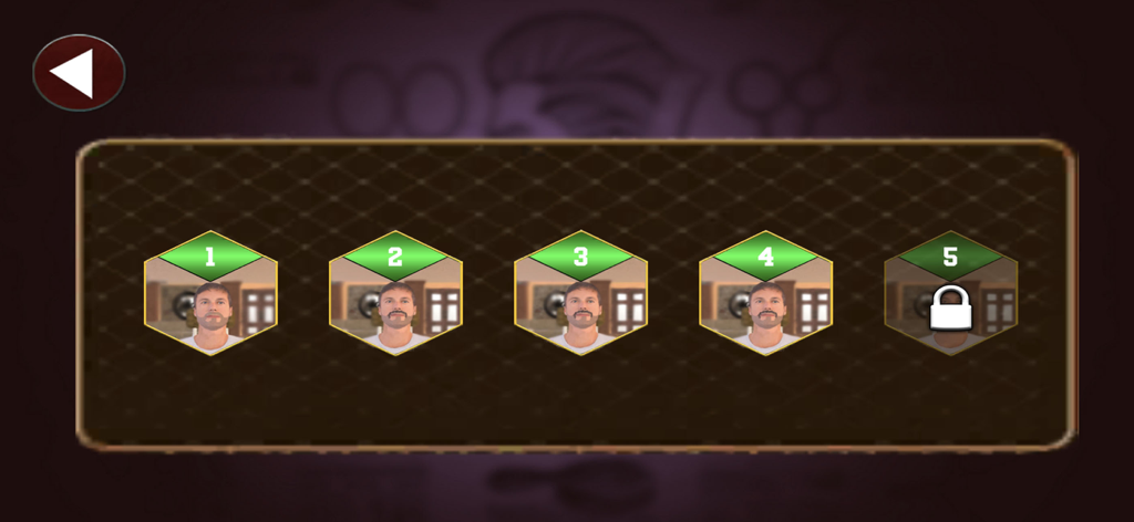 Tela de seleção de nível mostrando cinco estágios numerados com um nível bloqueado