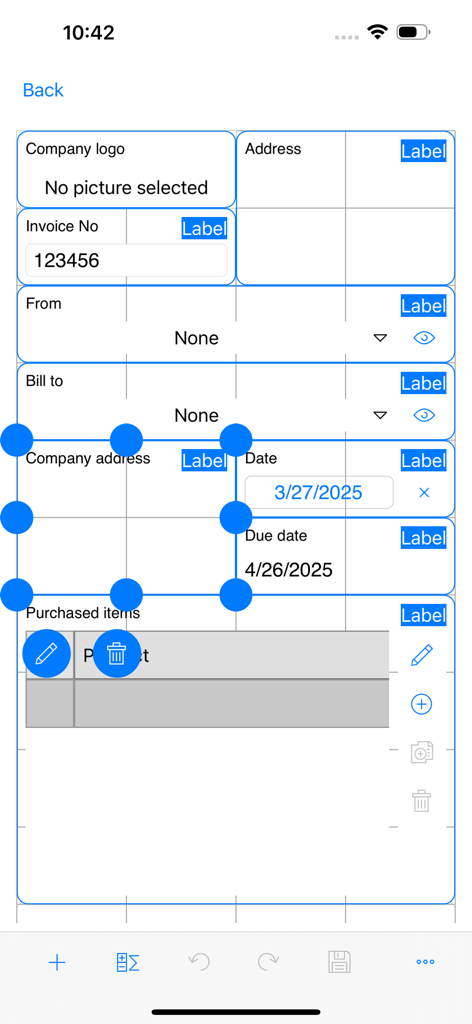 MobiDB Database - Interface du concepteur de formulaires visuel de MobiDB Database montrant la création d'une mise en page de facture personnalisée