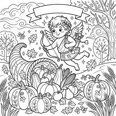 Embrace the spirit of gratitude and love with this delightful Cupid and Thanksgiving harvest coloring page. Featuring a playful Cupid amidst a bountiful autumn scene, it's perfect for celebrating the season.