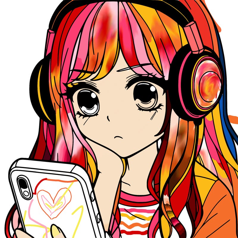 girl staring down at her phone with headsets