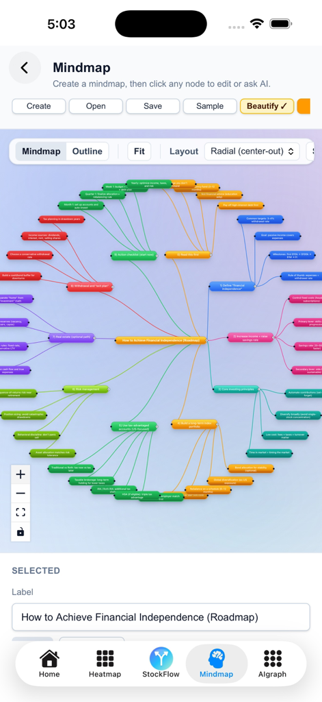 Interactive mindmap in the StockFlow app titled How to Achieve Financial Independence Roadmap