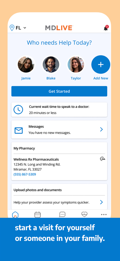 MDLIVE - MDLIVE App-Startbildschirm mit Profilen von Familienmitgliedern und aktuellen Wartezeiten beim Arzt