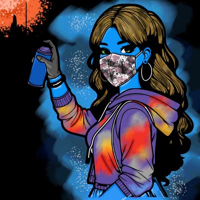 realistic girl with mask spray painting a wall