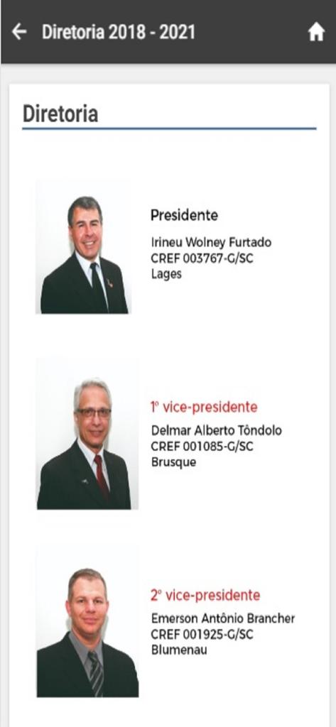 CREF3/SC - Tela do aplicativo CREF3/SC exibindo o diretório do conselho de administração com fotos e nomes de oficiais para 2018 a 2021.