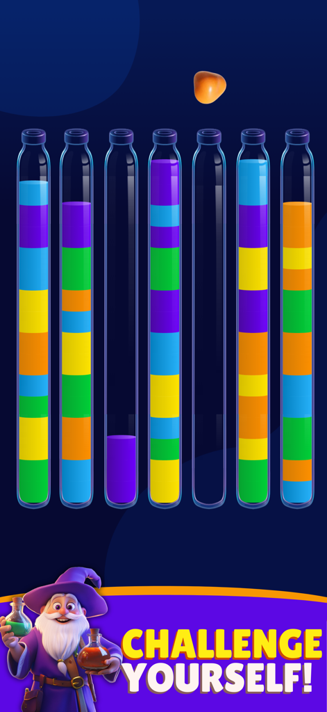 Magic Sort: Water Sort Puzzle - Gameplay-Screenshot von Magic Sort Water Puzzle, der gefärbte Flüssigkeiten in Glasflaschen und die Figur Wizard George zeigt.