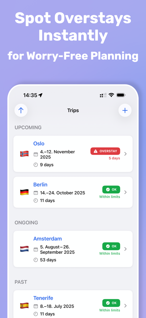 Écran de l'application Calculateur Schengen affichant la liste des voyages avec les indicateurs de statut de dépassement et OK